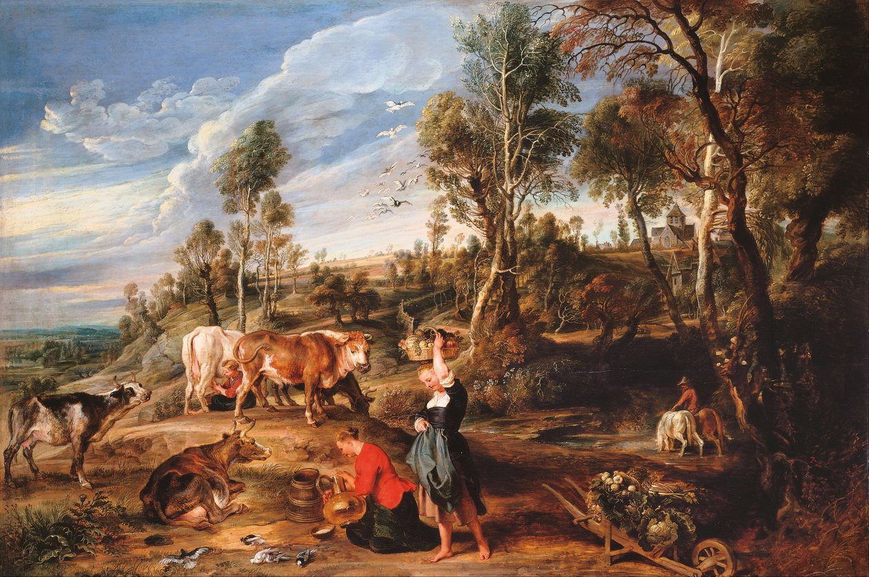 Tejeslányok szarvasmarhákkal a tájban, The Farm at Laken alkotó: Peter Paul Rubens