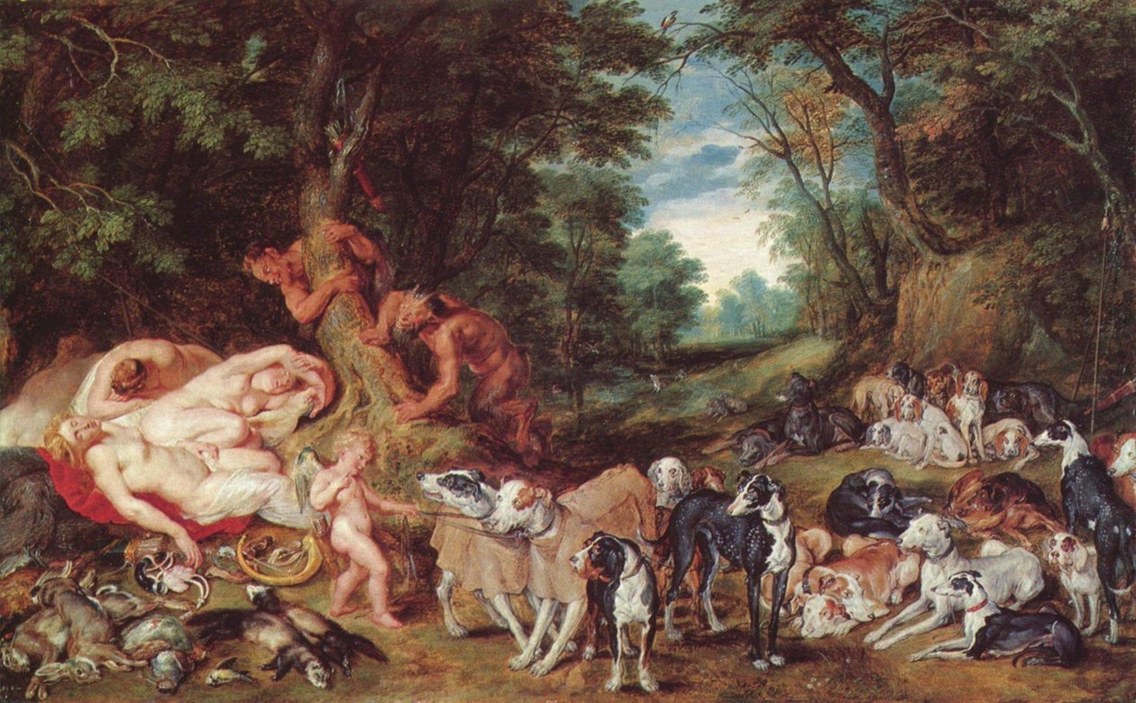Nimfák, szatírok és kutyák alkotó: Peter Paul Rubens