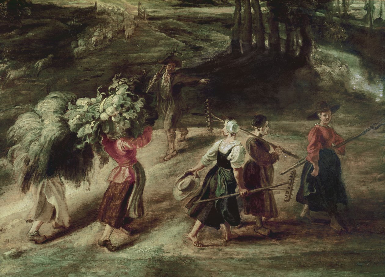 A földekről hazatérő parasztok, az előtérben egy csoport parasztasszony részlete, 1632-34 körül olaj, tábla alkotó: Peter Paul Rubens
