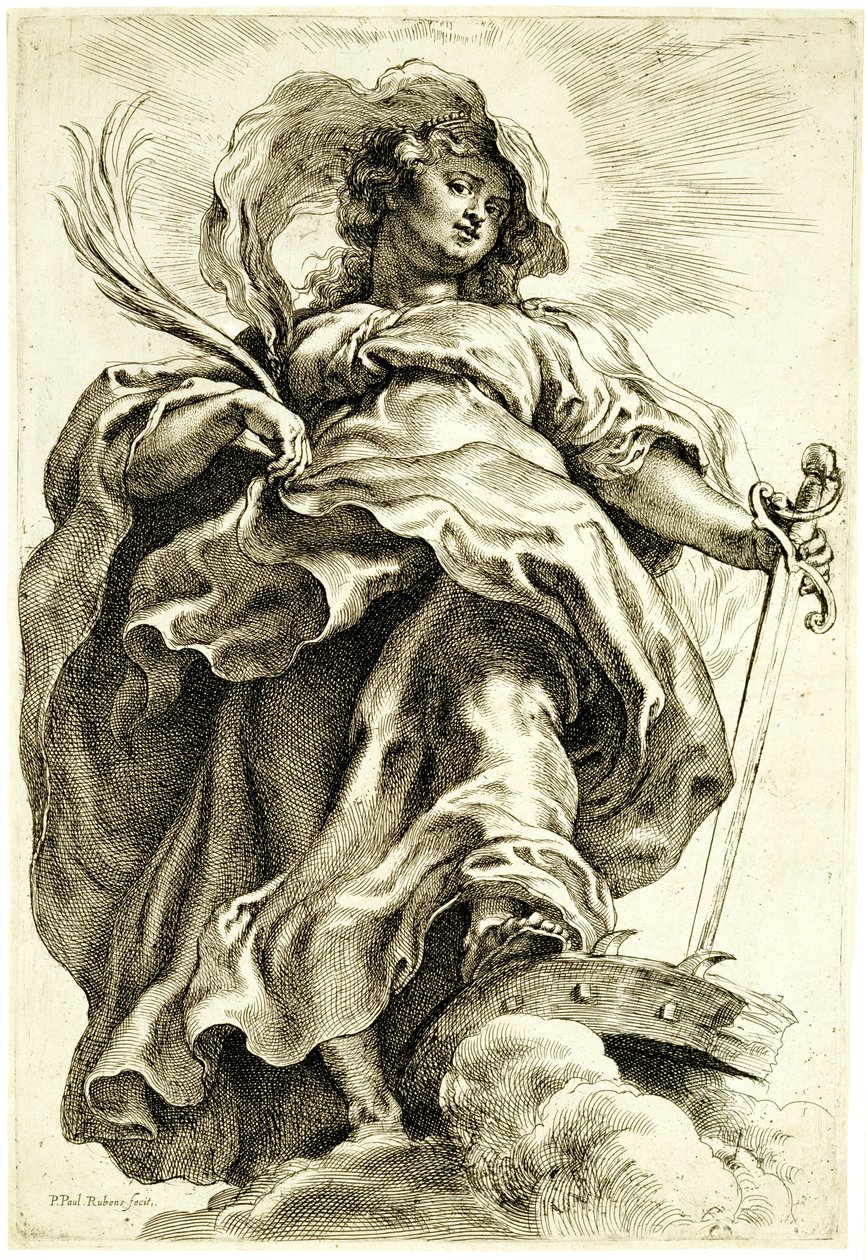Alexandriai Szent Katalin a felhőkben, 1620-21 (rézkarc fektetett papírra temetéssel) alkotó: Peter Paul Rubens