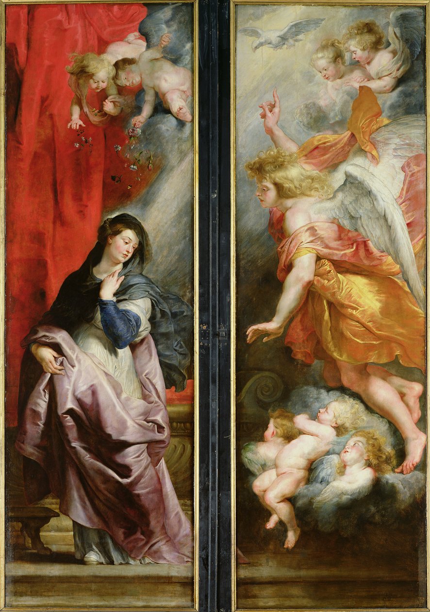 Az Angyali üdvözlet, a Szent István vértanú triptichon hátoldaláról, 1617 körül alkotó: Peter Paul Rubens