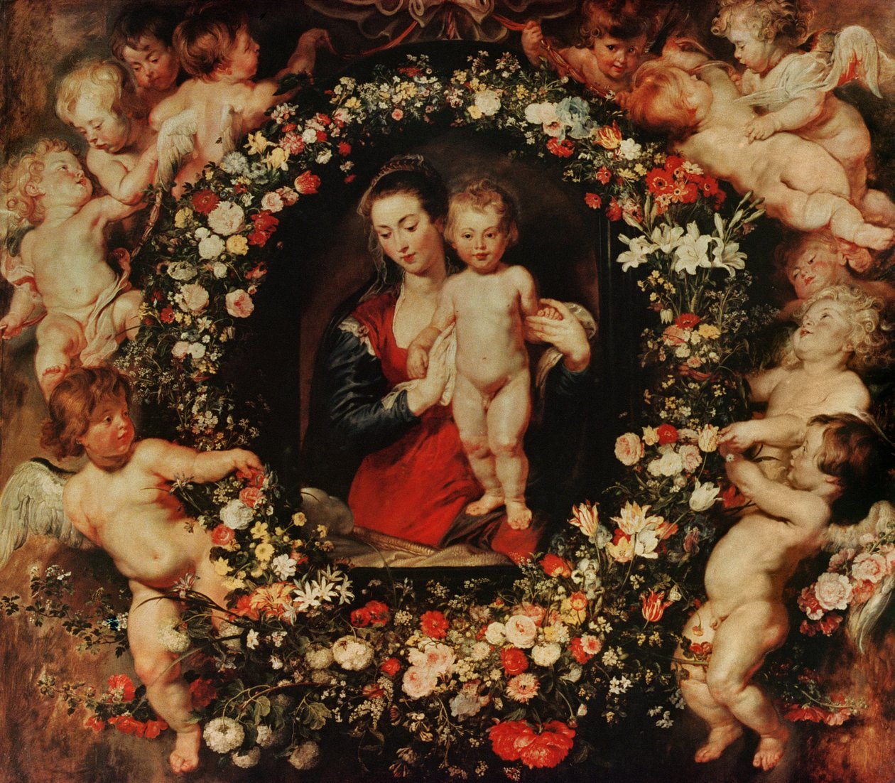 Szűz virágfüzérrel, 1618-20 körül alkotó: Peter Paul Rubens