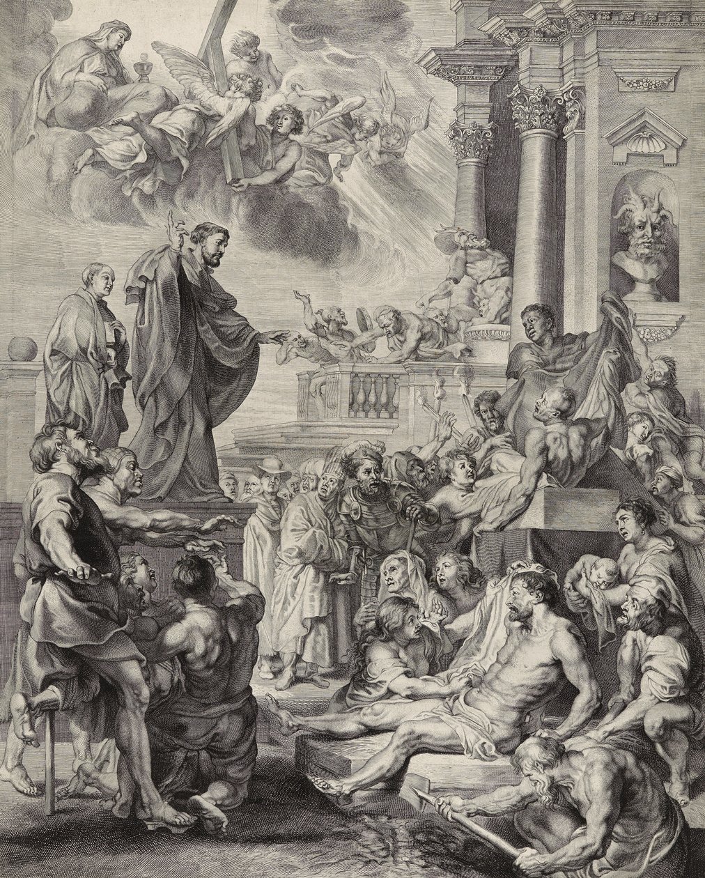 Xavéri Szent Ferenc csodája; Xavér Szent Ferenc egy halottat újraéleszt (metszet fektetett papírra) alkotó: Peter Paul after Rubens