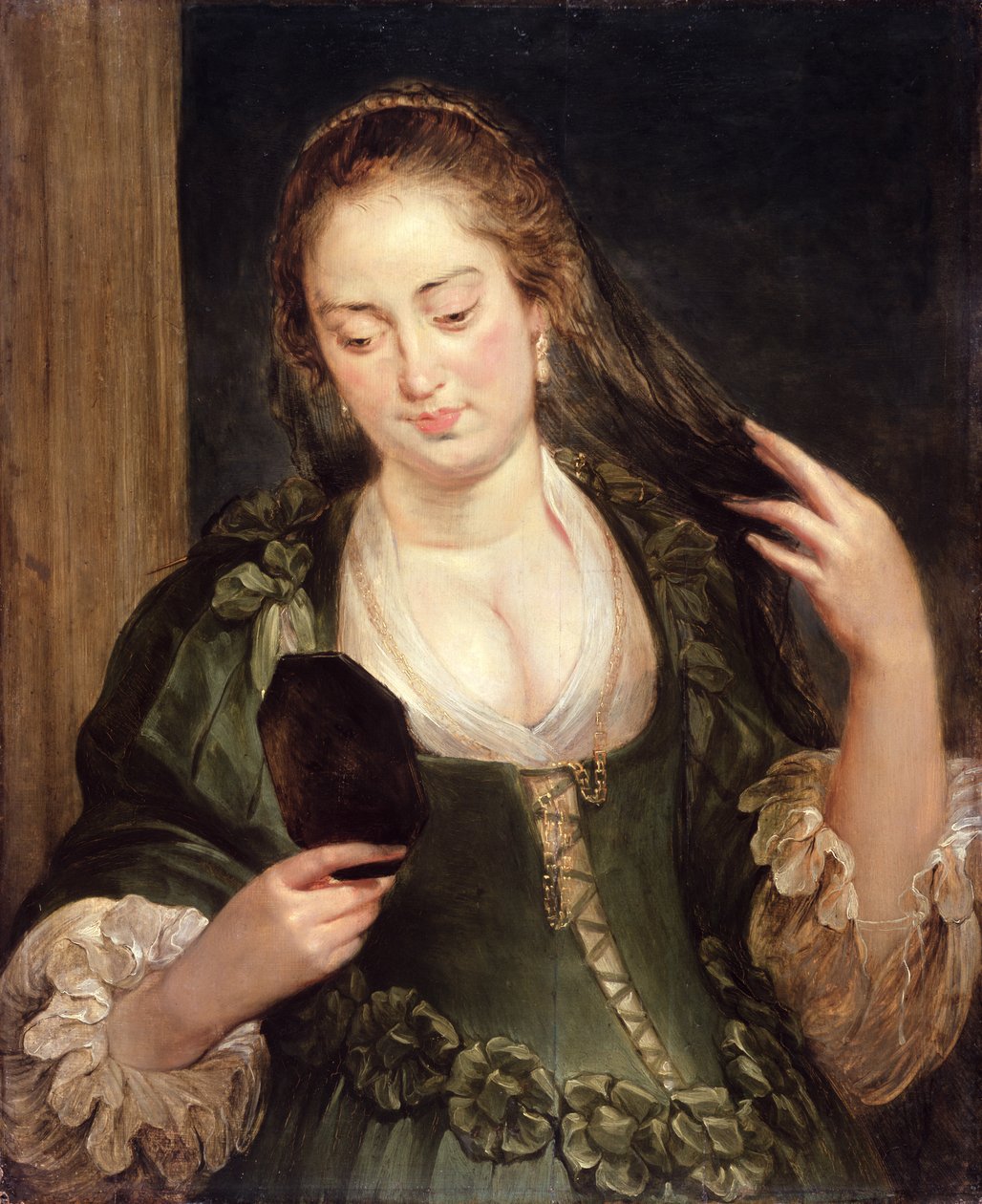 Lány tükörrel (olaj a tölgyre) alkotó: Follower of Peter Paul Rubens