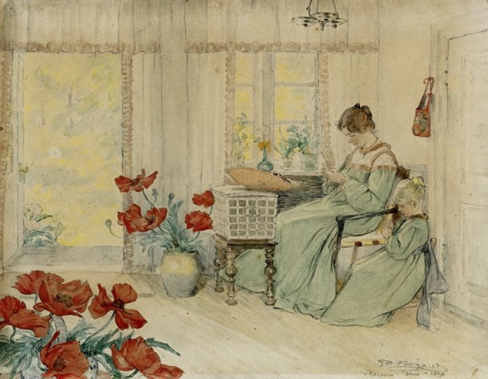 Marie és Vibeke hímzés otthonunkban, Skagen Plantage -ben alkotó: Peder Severin Krøyer