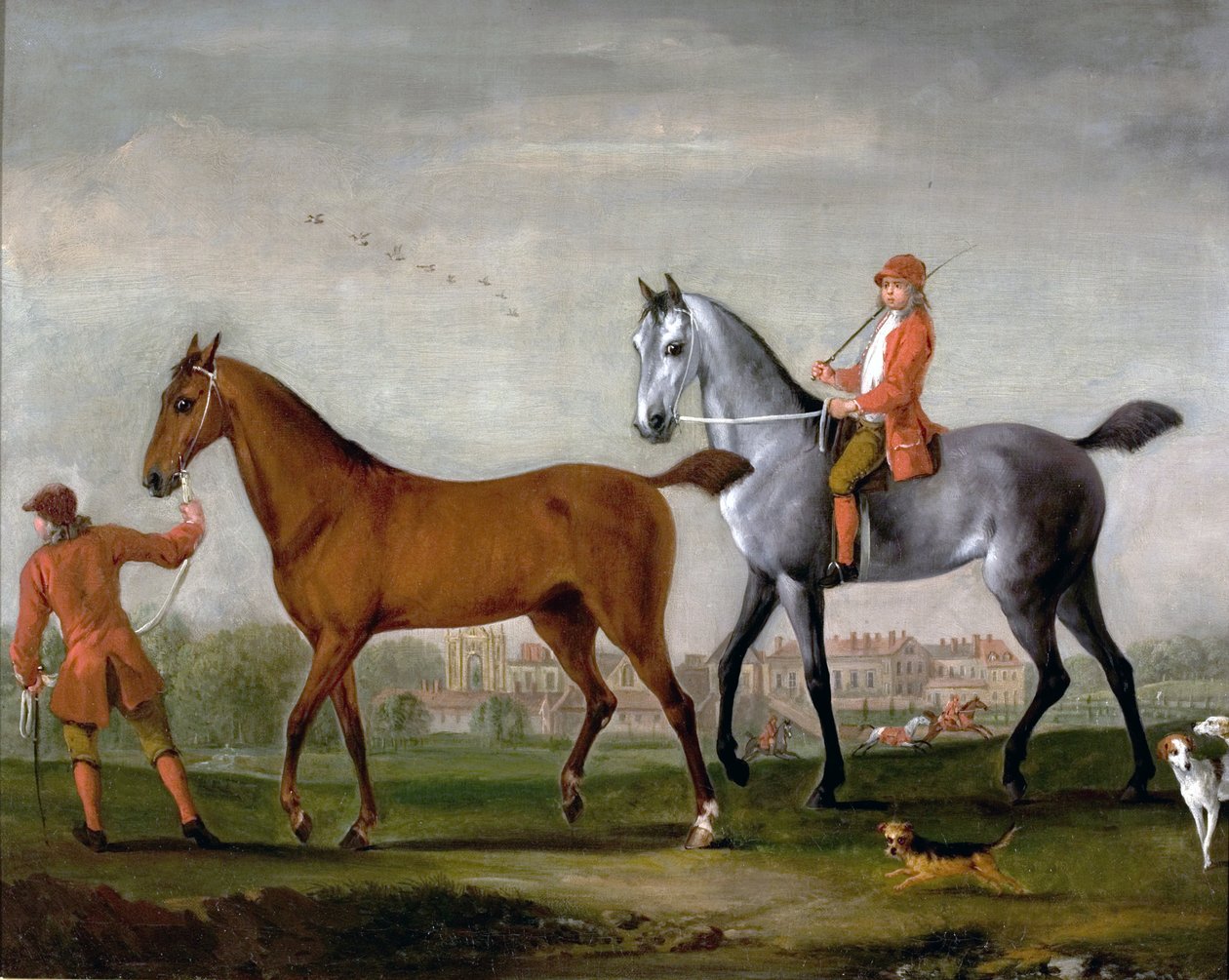 Két versenyló vőlegényekkel és vadászkutyákkal a Newstead Abbey parkban, Nottinghamshire, 1724 alkotó: Peter Tillemans