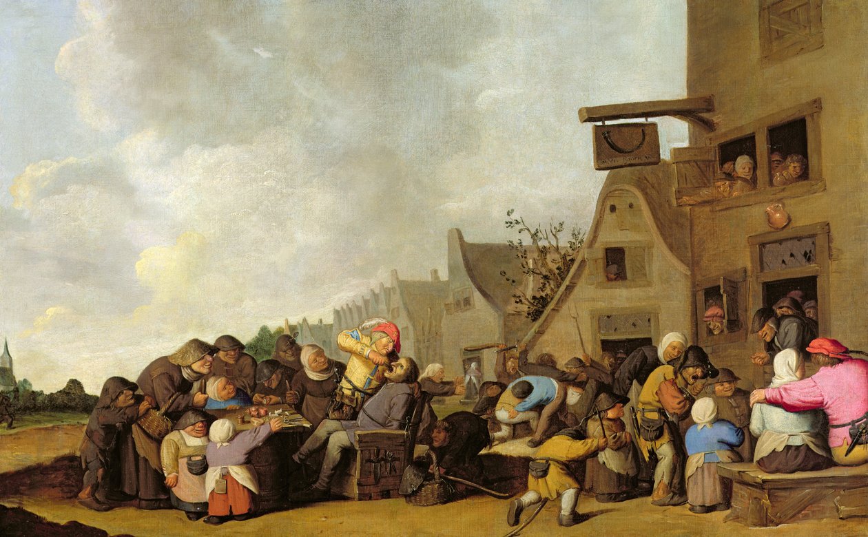 Falusi jelenet fogat húzó fogorvossal és parasztok verekedésével a kocsma előtt, 1630-40 alkotó: Peter de Bloot