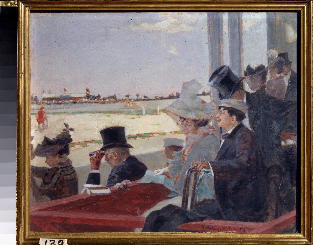 Lóverseny (Horseracing). A nézők a lelátón ülve nézik a lovasversenyt. Pjotr ​​Alekszandrovics Nilus (Pierre Nilous) (Nilouss) festménye (1869-1940/1943), olaj, fa alkotó: Peter Alexandrovich Nilus