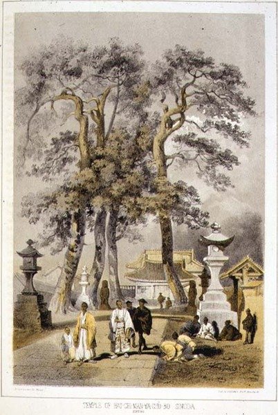 Hat-Chi-Man-Ya-Chu-Ro temploma, Simoda, a „Narrative of the Expedition of the American Squadron to the China Seas and Japan”, pub. szerző: Sarony & Co. alkotó: Peter Bernhard Wilhelm (after) Heine