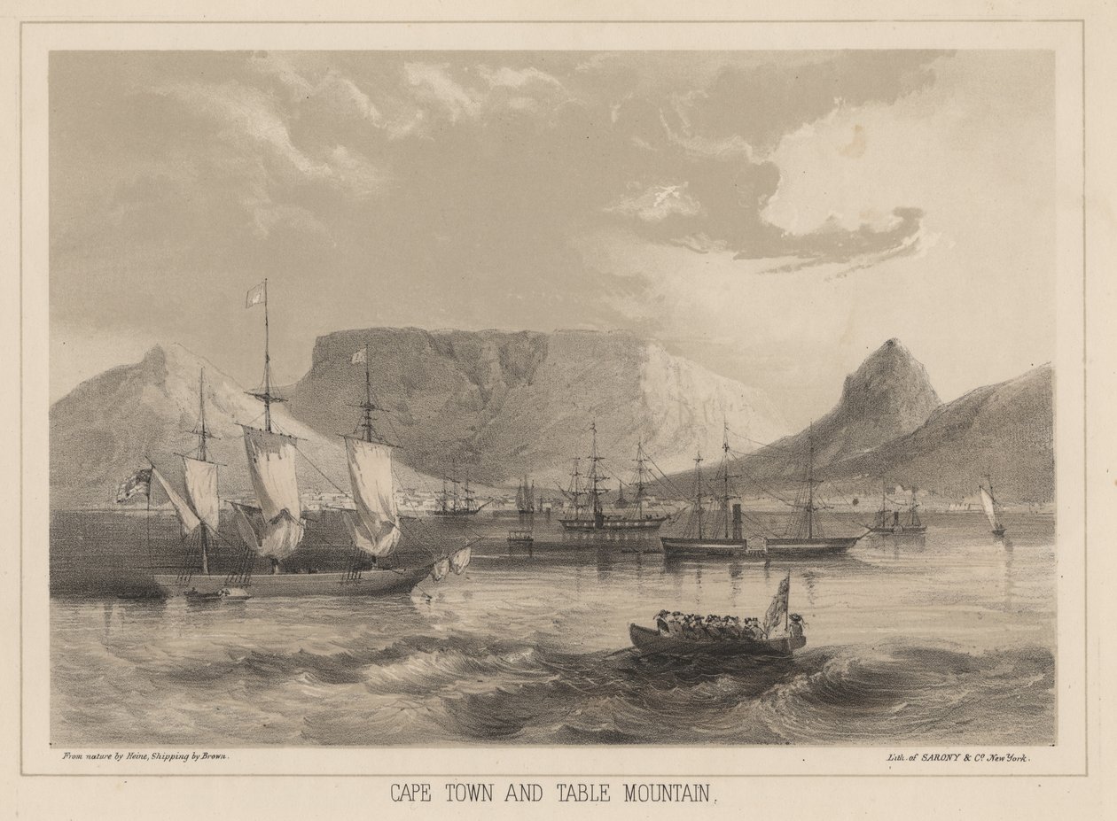 Fokváros és az Asztal-hegy, Sarony és Társai litográfiája, 1855 (kromolitográfia) alkotó: Peter Bernhard Wilhelm Heine
