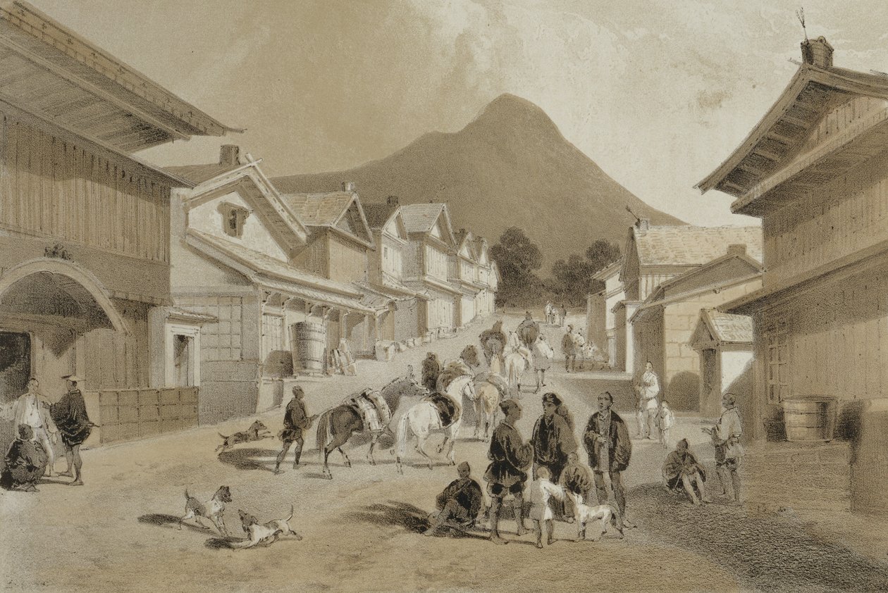 Utca Hakodadiban, az „Egy amerikai osztag kínai-tengeri és japán expedíciójának narratívájáról”, pub. Sarony und Co., 1856 (színezett litho) alkotó: Peter Bernhard Wilhelm Heine