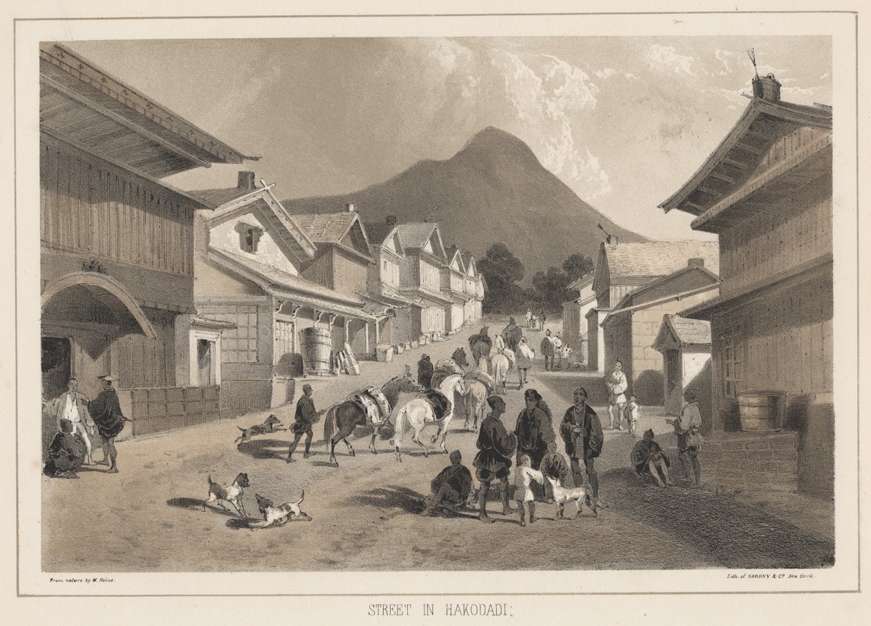 Hakodadi utca, Sarony und Co. litho, 1855 (chromolitho) alkotó: Peter Bernhard Wilhelm Heine