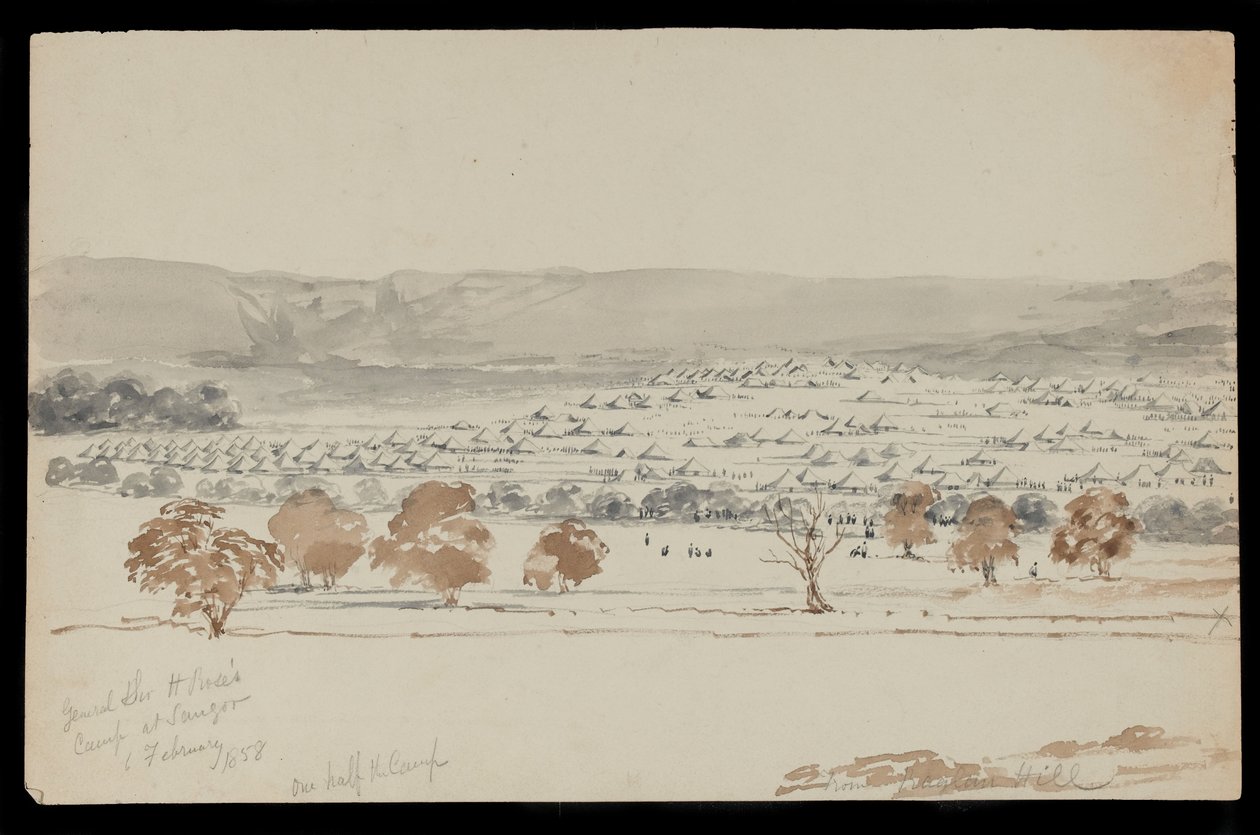 Sir Hugh Rose tábornok saugori tábora, 1858. február 6. (rajz) alkotó: Peter Charles William
