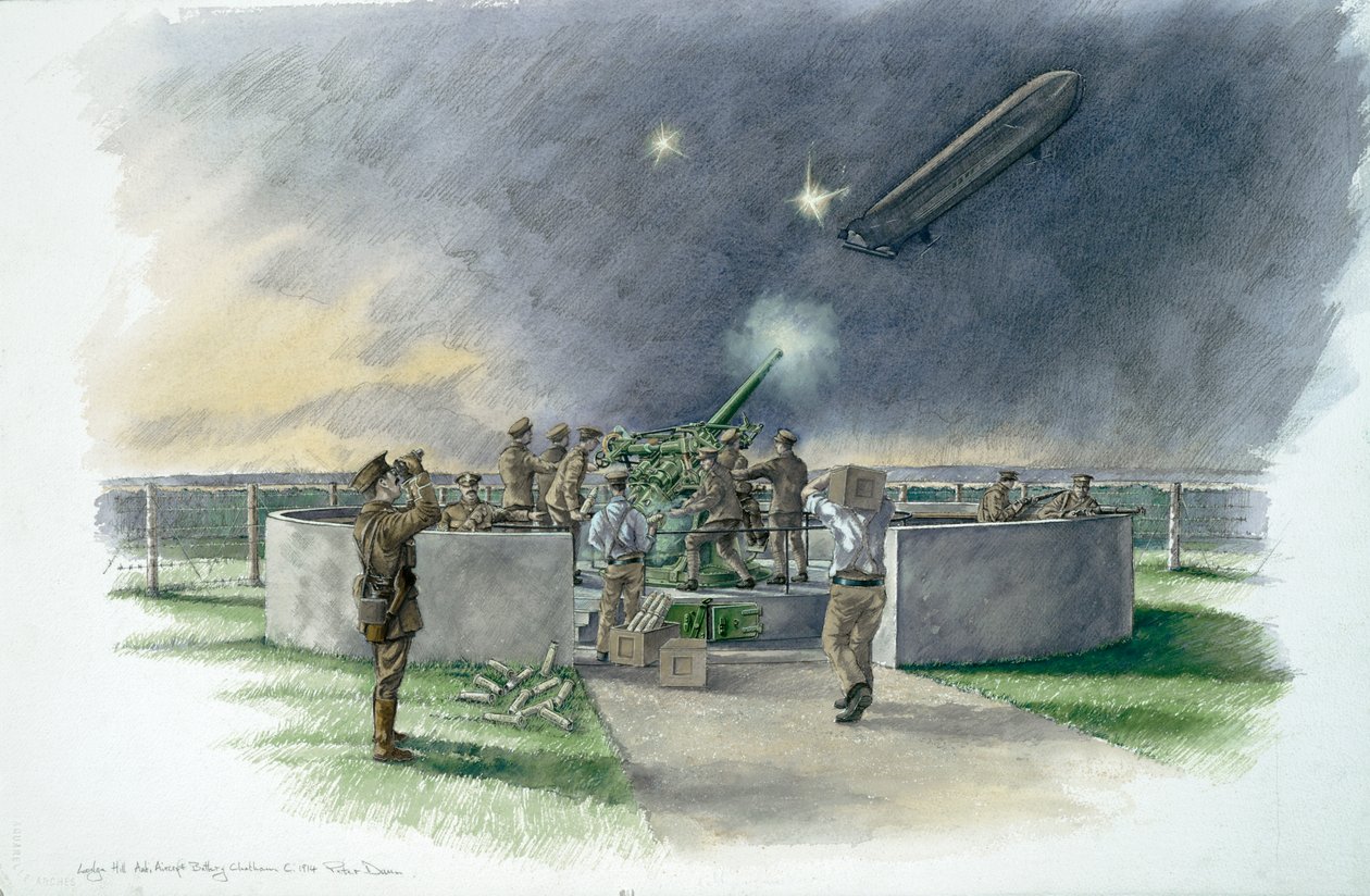 Lodge Hill Battery, német zeppelin tüzelése az első világháború alatt, 1910-es évek, 1980-2010 alkotó: Peter Dunn