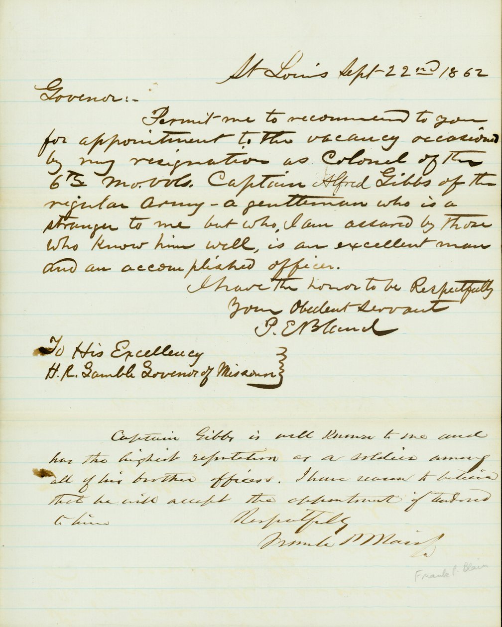 Levél aláírva P.E. Bland, St. Louis, H. R. Gamble -nek, Missouri kormányzójának, 1862. szeptember 22 -én alkotó: Peter E. Bland