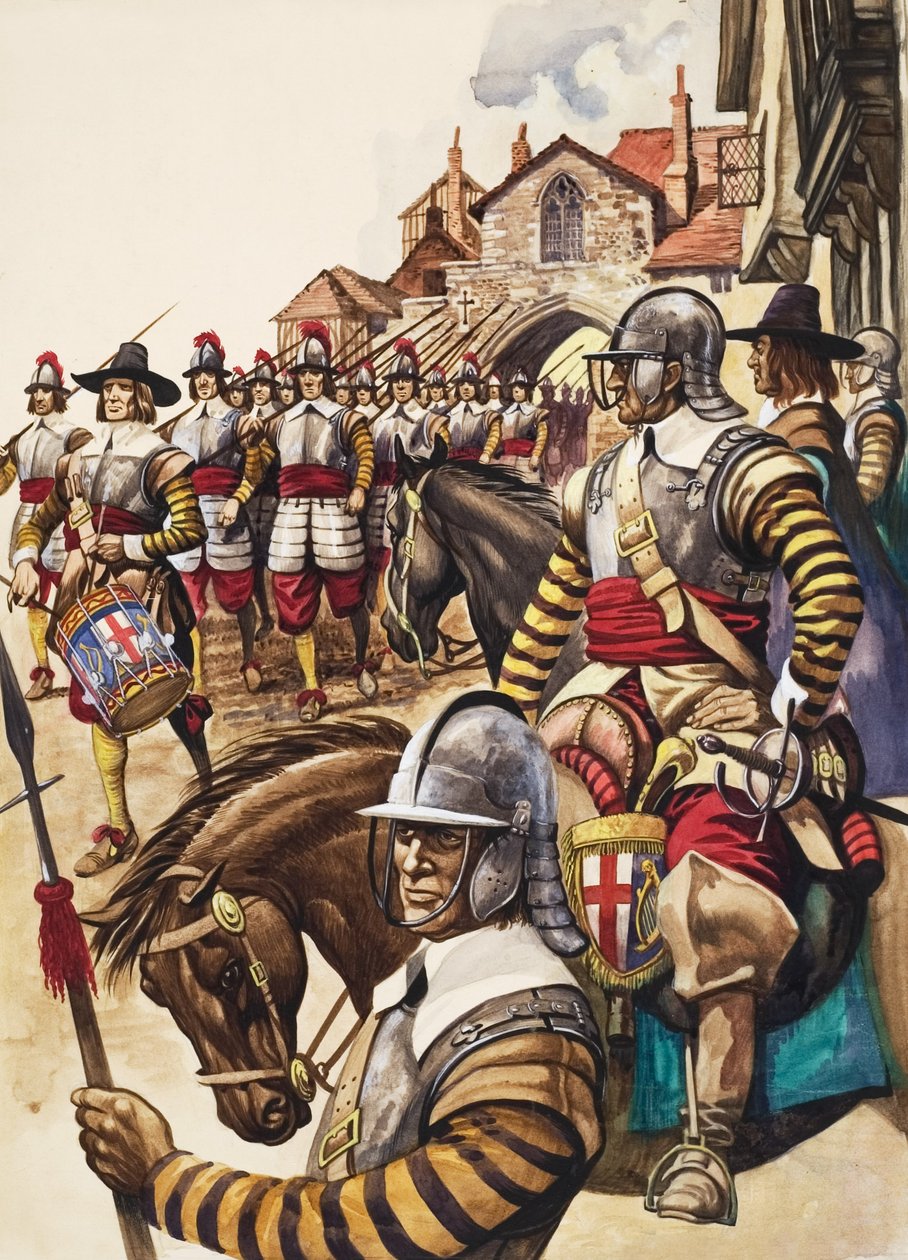 Az Új Modell Hadsereg pikásainak egy csoportja vonul csatába egy dobos vezetésével (gouache, papír) alkotó: Peter Jackson