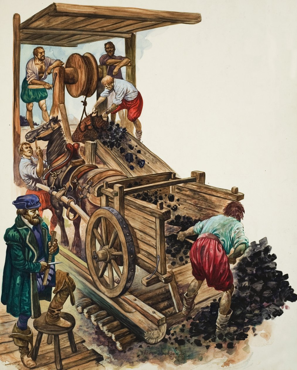 Egy számoló jegyzi, hogy hány rakomány szén hagyja el a bányát, miközben egy bányász megtölt egy szekeret, és mások többet emelnek a felszínre (gouache, papír). alkotó: Peter Jackson