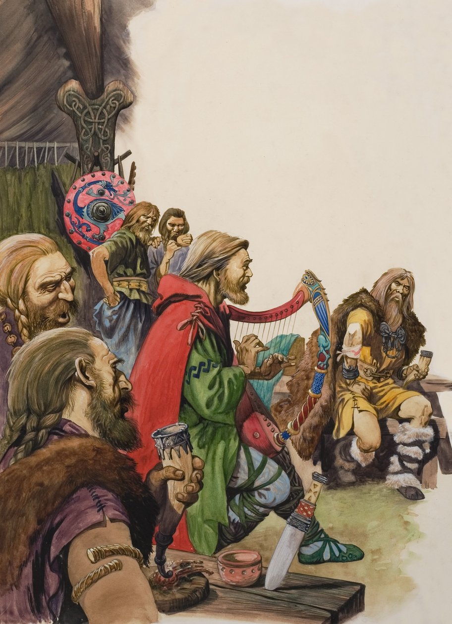 Alfréd (849-899) kobzosnak álcázva Guthrum király táborában (gouache, papír) alkotó: Peter Jackson
