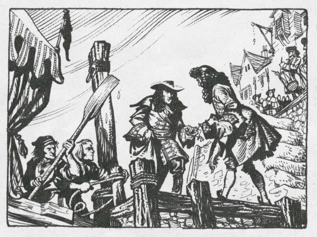 Brixham, ahol Vilmos, narancsherceg 1688-ban partra szállt, hogy igényt tartson az angol trónra (litho) alkotó: Peter Jackson