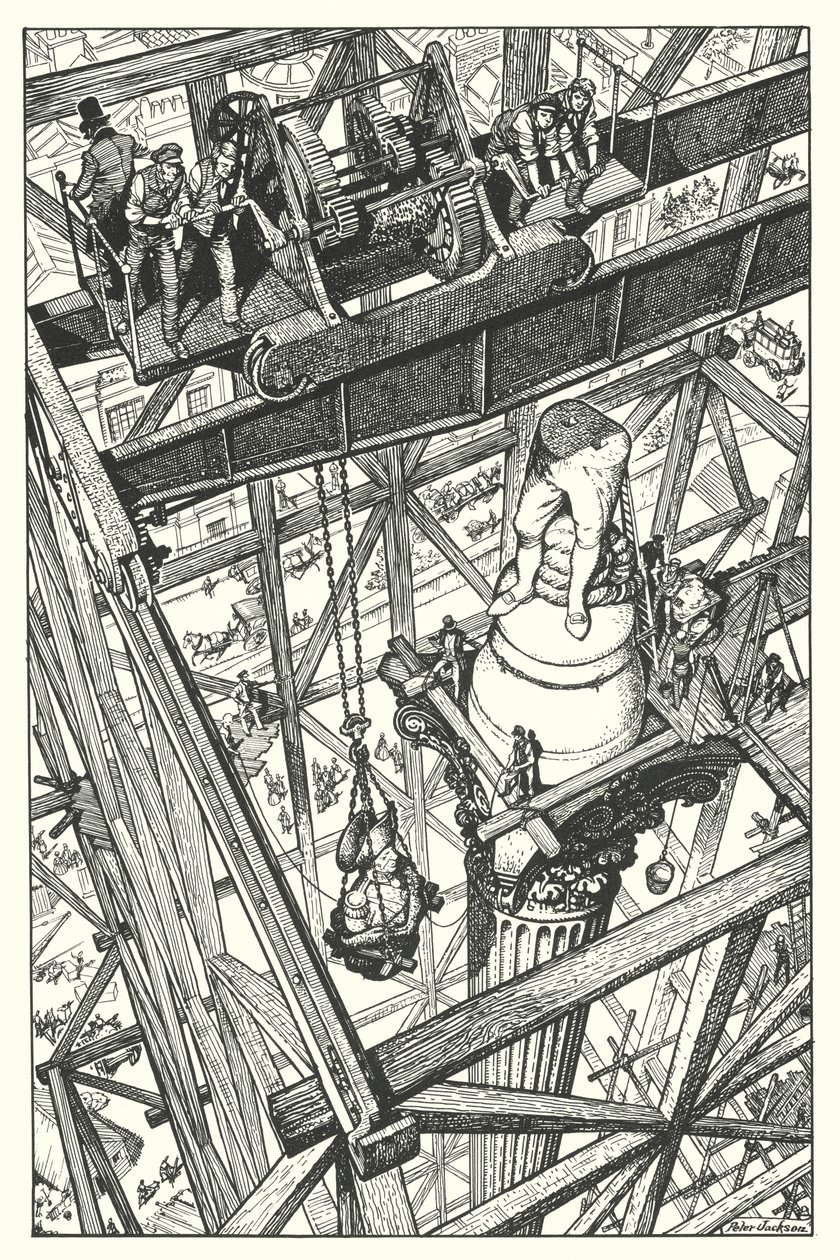 Nelson szobrának felállítása a londoni Trafalgar téren álló Nelson-oszlop tetején 1843-ban (lithó) alkotó: Peter Jackson