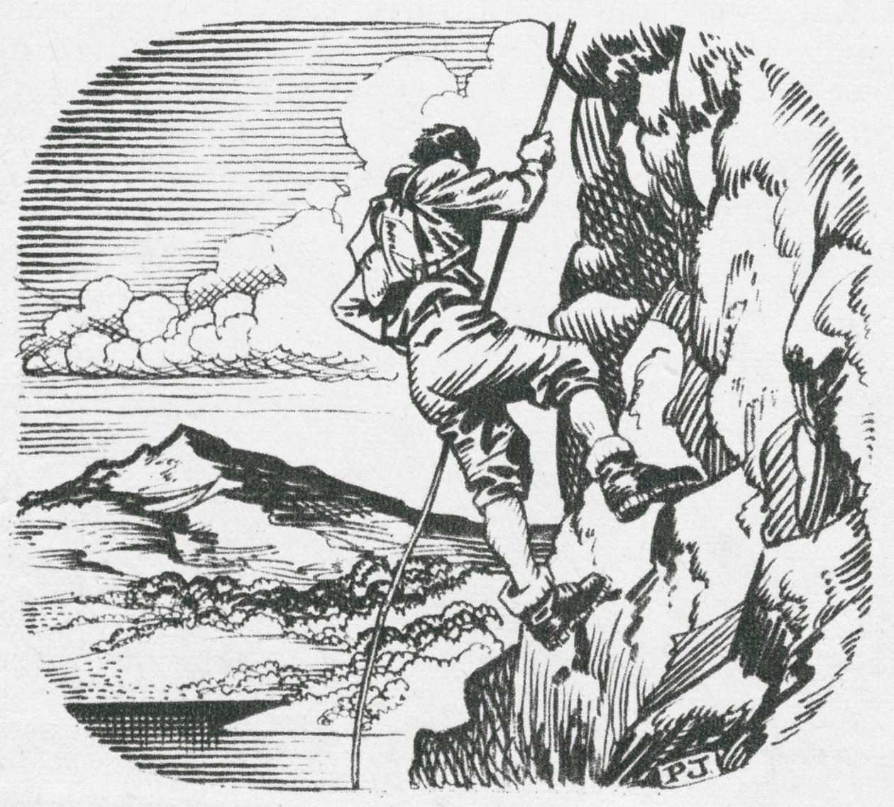 Langdale Pikes, sziklamászók gyakorlóterepe (litho) alkotó: Peter Jackson