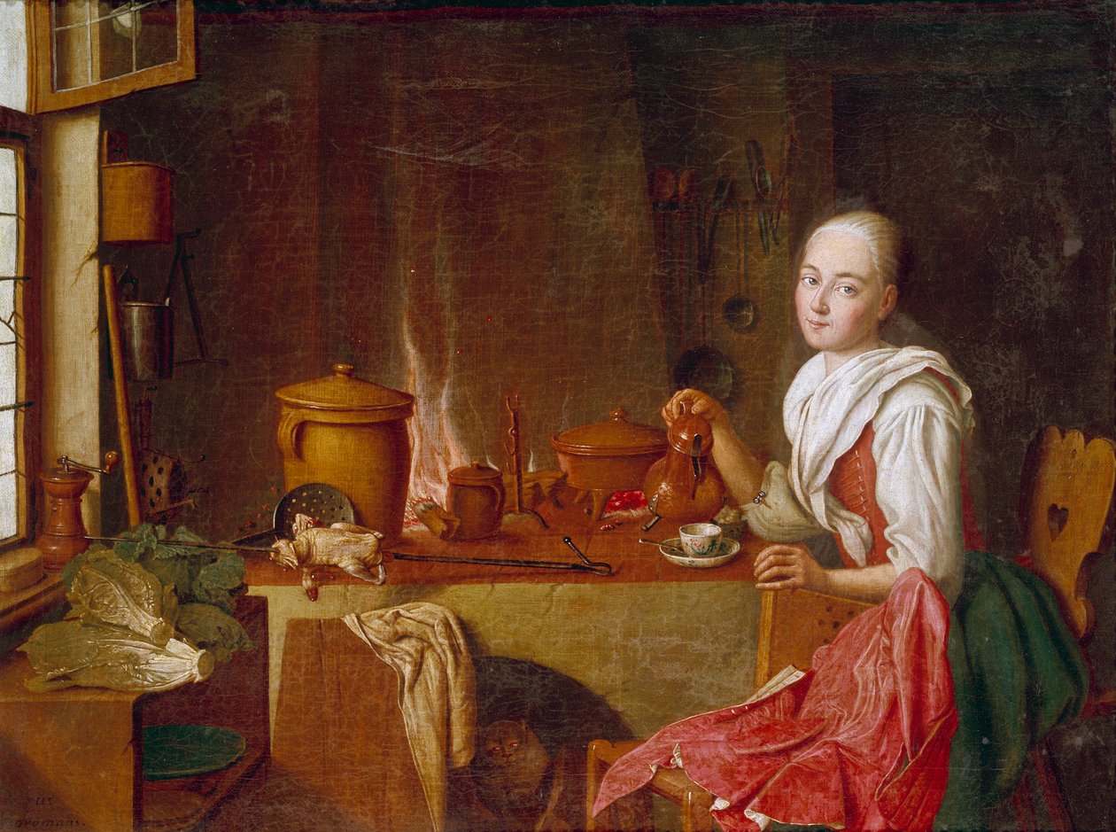 Hölgy a konyhájában Egy fiatal nő ül egy kávén a kandalló előtt. Peter Jacob Horemans (1700-1776) festménye (ec.flam.) 18. századi München. Alte Pinakothek alkotó: Peter Jacob Horemans
