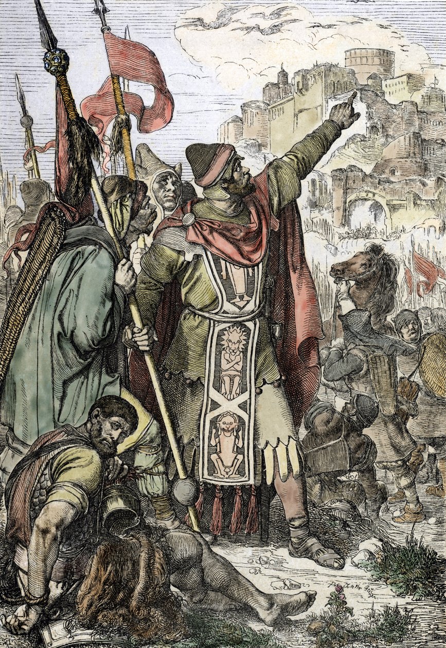 Barbár invázió: „” A hunok királyát, Attilát (406-453) elfogták, hogy katonáival együtt ostromolja Aquilee városát alkotó: Peter Johann Nepomuck Geiger