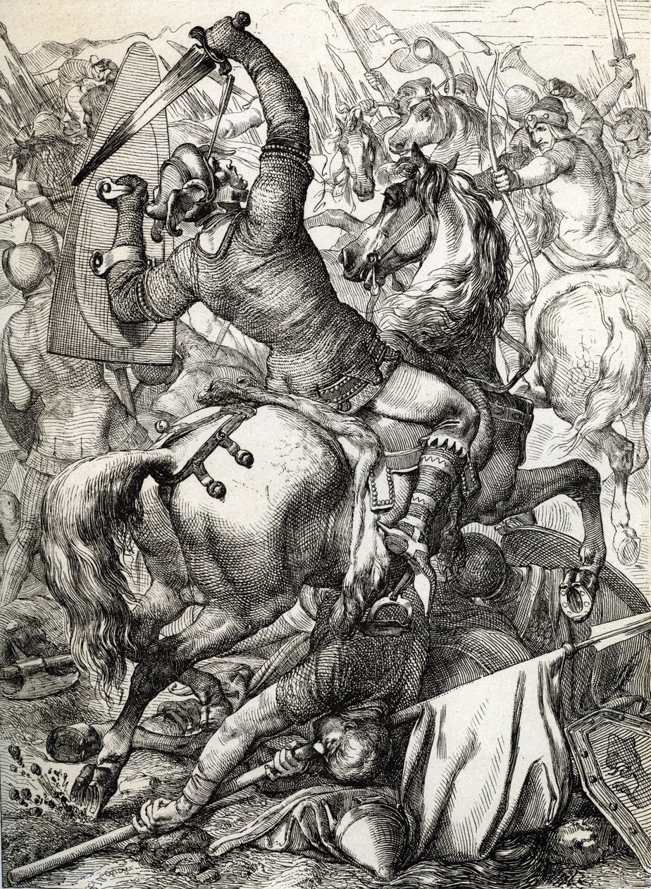 A hastingsi csatát 1066. október 14-én vívták II. Vilmos normandiai herceg normann-francia hadserege és a II. Harold angolszász király vezetése alatt álló angol hadsereg között, Anglia normann hódítása idején. alkotó: Peter Johann Nepomuck Geiger