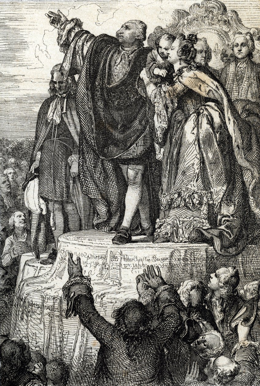 Az első nemzeti szövetség megalakulásának ünnepe 1790. július 14-én a Champs-de-Mars-i Haza Oltárán, a Bastille elfoglalásának első évfordulója alkalmából: XVI. Lajos király családjával körülvéve esküt tesz constitut alkotó: Peter Johann Nepomuck Geiger