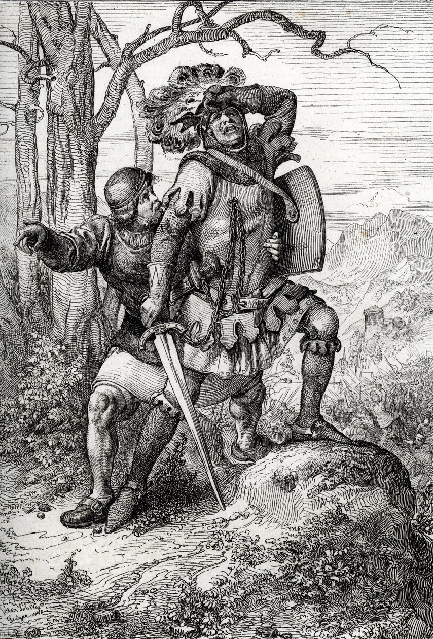 I. Lipót osztrák herceg, Habsburg ura egyik társától megment az 1315. november 15-i morgarteni csatában a svájci szövetségesek ellen, Svájc (a morgarteni csata 1315. november 15-én, I. Lipót osztrák herceget egy katona mentett meg) alkotó: Peter Johann Nepomuck Geiger