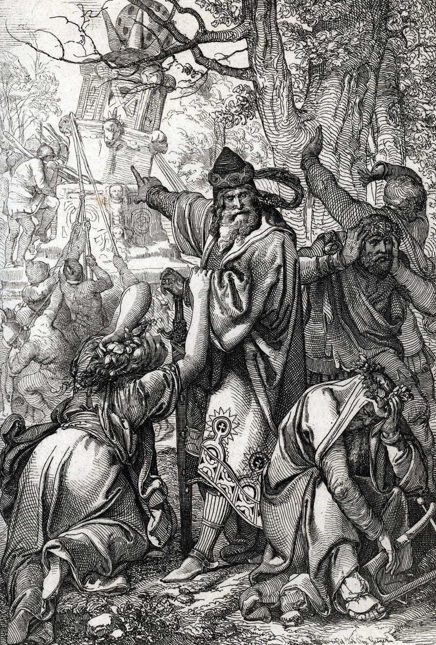 Nagy Károly császár (kb. 742-814) a szászok elleni háborúban, 772 (Nagy Károly császár (Charlemagne) a szász háborúk idején, 772) Tollrajz a „Historische Memorabilian des In-und Auslandes”-ből (Történelmi emléktárgyak), Anton Zieglerek alkotó: Peter Johann Nepomuck Geiger