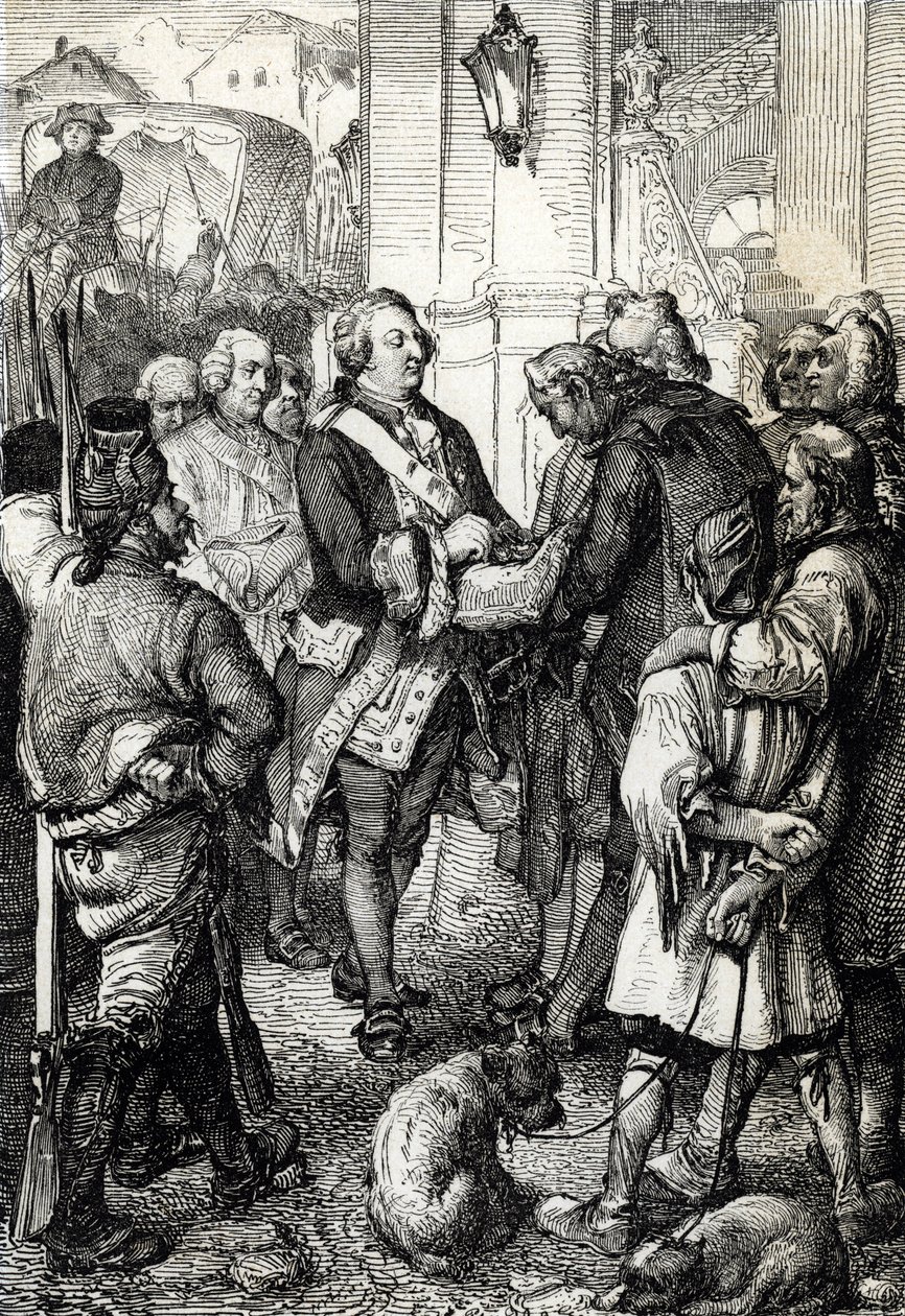 Francia forradalom: XVI. Lajos király megkapja a háromszínű kokárdát Párizs polgármesterétől, Jean-Sylvain Baillytől alkotó: Peter Johann Nepomuck Geiger