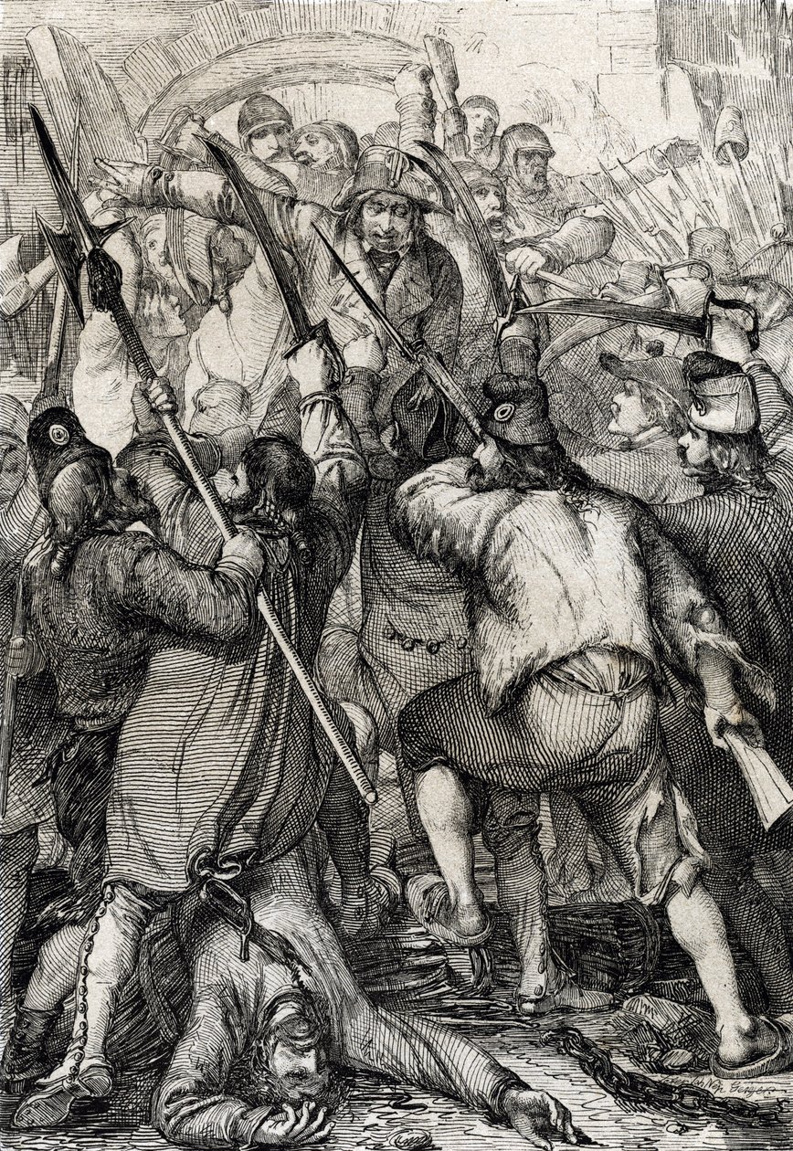 Francia forradalom: A felfegyverzett és dühöngő lakosság belép a felvonóhídon, és meggyilkolja a helyőrséget és a kormányzót a Bastille megrohanásakor alkotó: Peter Johann Nepomuck Geiger