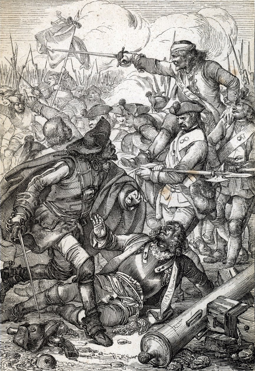 Nagy északi háború: "" A poltavai (vagy pultavai) csata I. Péter orosz hadsereg és Svéd XII. Károly csapatai között, 1709. 07. 8. ) Tollrajz a „” Historische Memorabilian des alkotó: Peter Johann Nepomuck Geiger