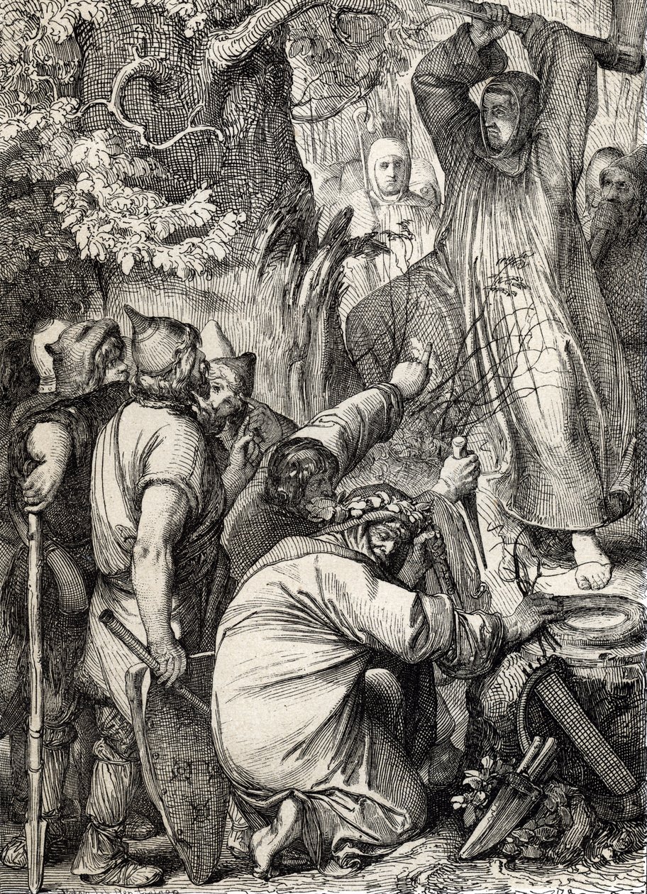 Mainzi Szent Bonifác (680-754) ábrázolása, aki kivágta Thor tölgyét, hogy meggyőzze a druidákat arról, hogy az nem egy szent fa (Szent Bonifác (Bonifacius), amely elpusztítja Thor tölgyét (Donar vagy Jove tölgye) a germán pogányok szent fáját, átalakítani  alkotó: Peter Johann Nepomuck Geiger