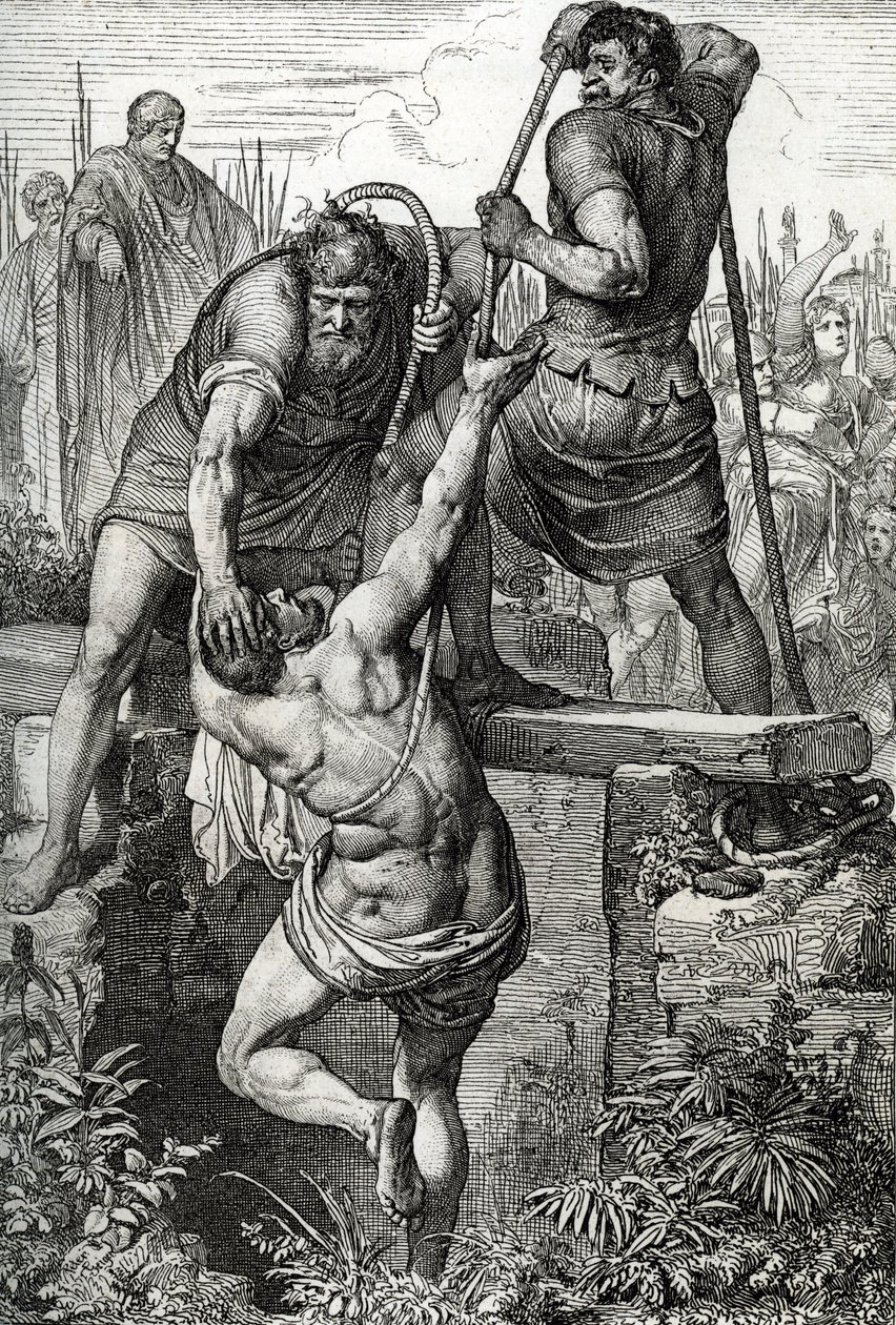 Zenon bizánci császár (425-491) visszatért Konstantinápolyba, amikor Flavius Basiliscus (Baziliszkusz) bitorlót családjával együtt bezárták, 477 (Basiliszkusz halottja egy száraz ciszternába zárva, hogy meghaljon a kitettségtől, Zénó római császár, 477) Dr alkotó: Peter Johann Nepomuck Geiger