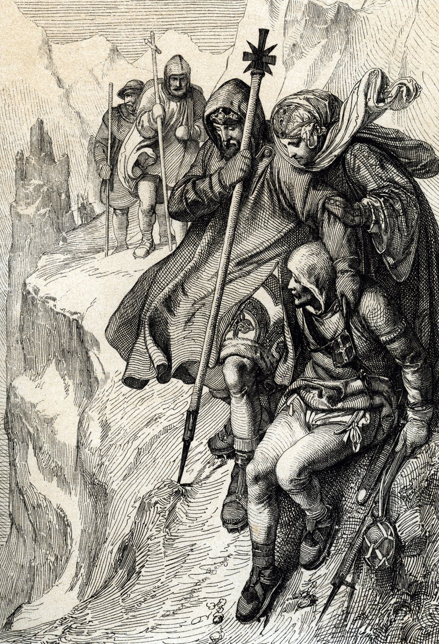 A rómaiak királya IV. Henrik a Cenis-hegy hágója mellett átkelt az Alpokon, és Mathilde toszkánai grófnőhöz Canossába megy, ahol VII. Gergely pápa, 1077. január” (IV. Henrik átkelt az Alpokon a Mont Cenis-hágó mellett, hogy elérje a várat Canossa és alkotó: Peter Johann Nepomuck Geiger