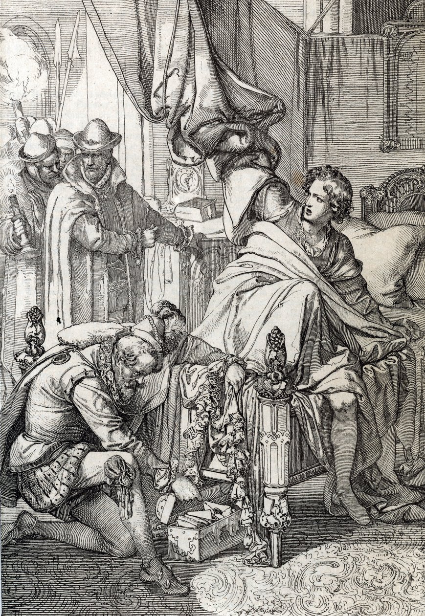 Ausztriai Károly (1545-1568) (Don Carlos) – a spanyol II. Fülöp fia – letartóztatása 1568-ban apja emberei által (Carlos, asztúriai herceg legidősebb fia és II. Fülöp spanyol király örököse, akit bebörtönöztek). apa 1568 elején) Tollrajz d alkotó: Peter Johann Nepomuck Geiger