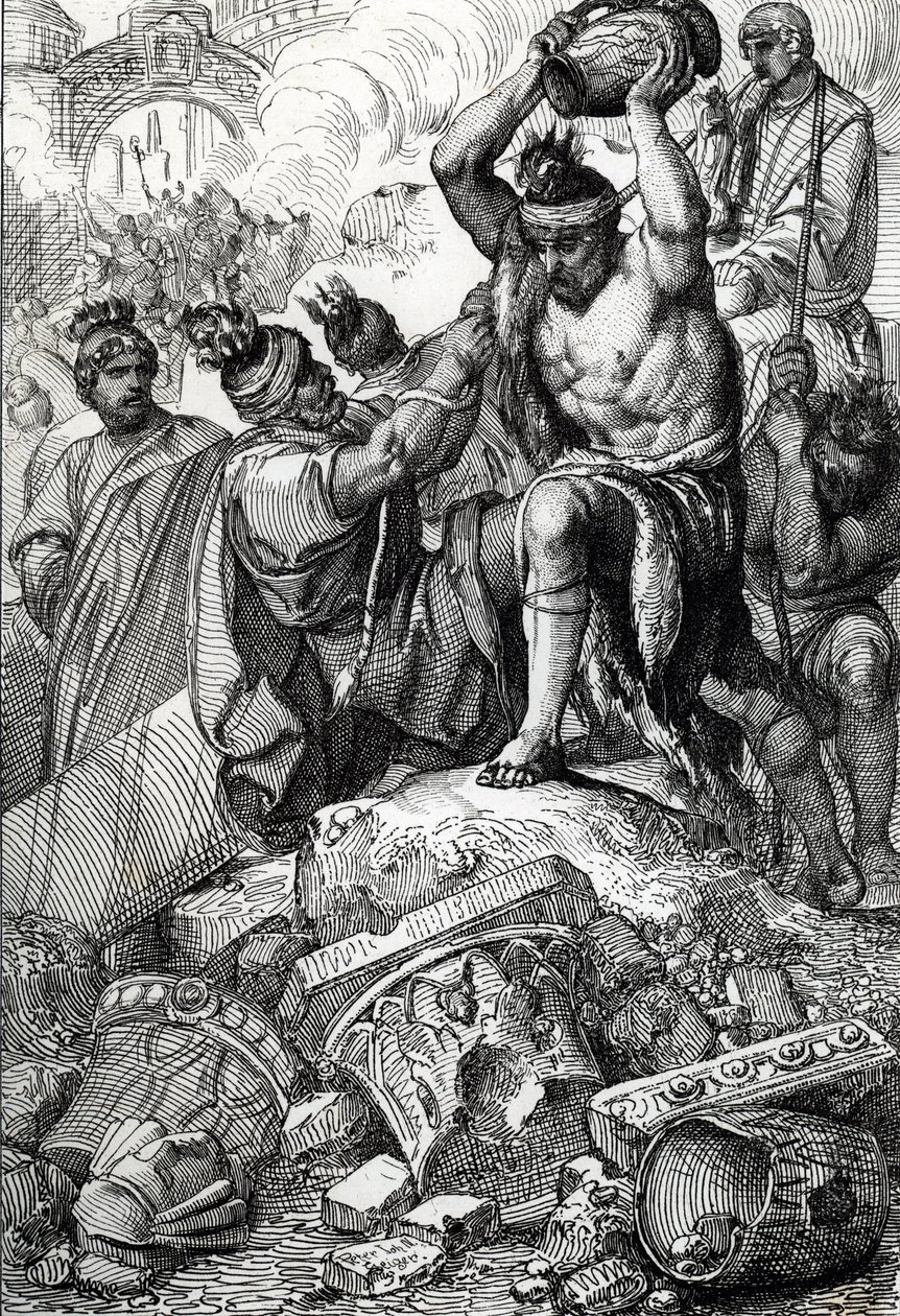 Róma zsákja (Olaszország), 410-ben, a városból elvett és az Alaric (370-410) vezette vizigótok által kifosztott (Róma zsákmánya az I. Alarik vezette vizigótok által 410-ben, Honorius császár uralkodása alatt) Rajz egy toll a „Historische Memorabilian des I alkotó: Peter Johann Nepomuck Geiger