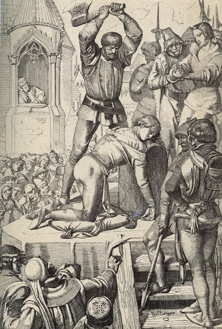 Konradin (vagy Hohenstaufeni Konrád) szicíliai király és sváb herceg (1252-1268) kivégzése Anjou Károly parancsára az 1268-as tagliacozzói csata után (Konradin (vagy Konrád fiatalabb), utolsó Staufer király kivégzése. Szicília, követve alkotó: Peter Johann Nepomuck Geiger