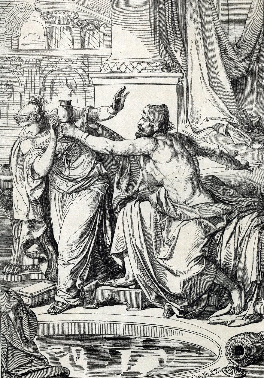 Rosemonde gepida hercegnő (meghalt 572-ben) és szeretője, férje, Alboin király gyilkosa ugyanazzal a méregpohárral mérgezte meg magát, 572 (Rosamund (vagy Rosamunde) gepida hercegnő és szeretője ugyanazzal a méregpohárral öli meg magát, 572) Rajz a alkotó: Peter Johann Nepomuck Geiger