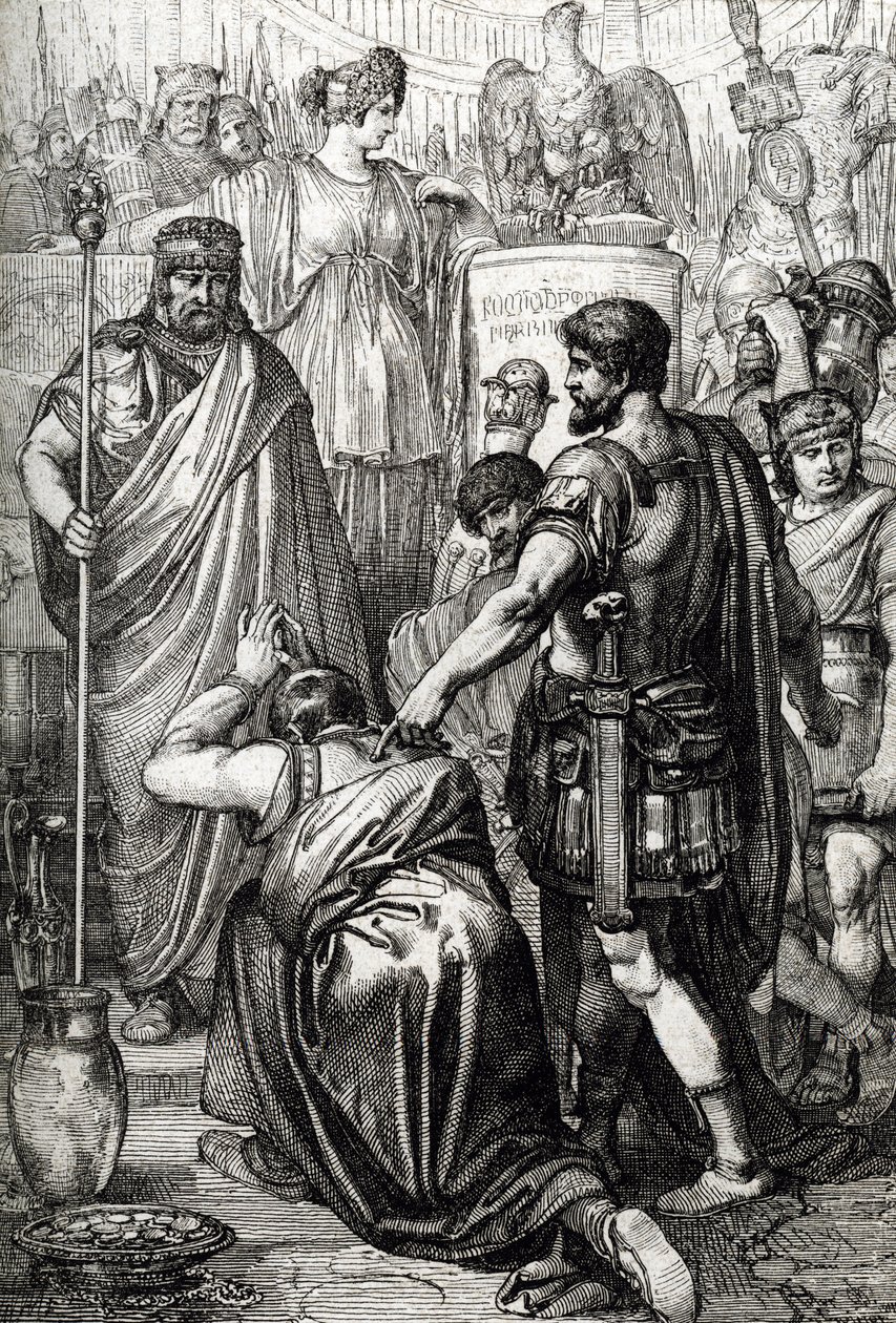Vandálháború: „” A vandálok királyának megadása Gelimer letérdel a bizánci Belisaire tábornok (500-565) előtt 534 márciusában, Karthágó, Afrika” (Vandál háború: Gelimer vandálkirály megadja magát Belisarius tábornoknak, 534, Afrika) Rajz rajzolt toll alkotó: Peter Johann Nepomuck Geiger