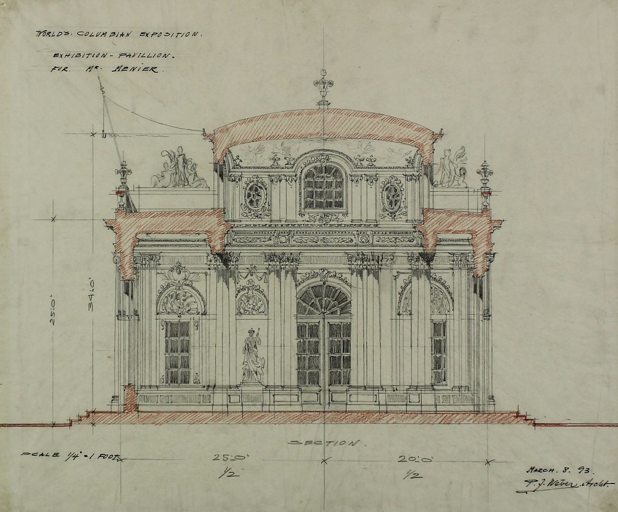 Csokoládé-Menier pavilon, Kolumbiai Világkiállítás, Chicago, Illinois, szelvényvázlat alkotó: Peter Joseph Weber
