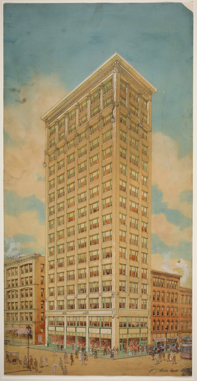 Prairie School felhőkarcoló, Chicago, Illinois, Perspective, 1910. alkotó: Peter Joseph Weber