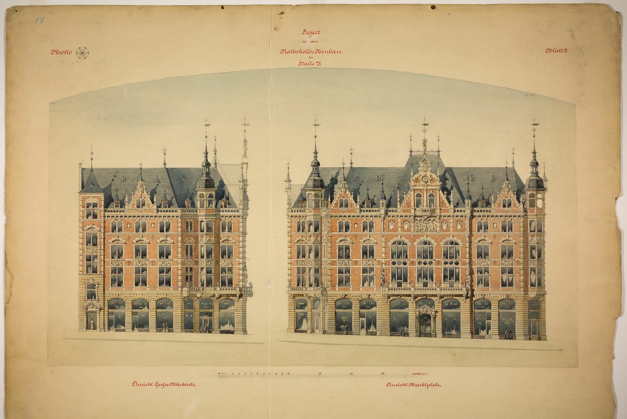 Rathskeller új épület, Halle (Saale), Szász-Anhalt, Németország, Elevations alkotó: Peter Joseph Weber