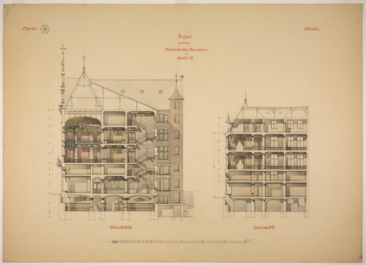 Rathskeller új épület, Halle (Saale), Szász-Anhalt, Németország, két szekció alkotó: Peter Joseph Weber