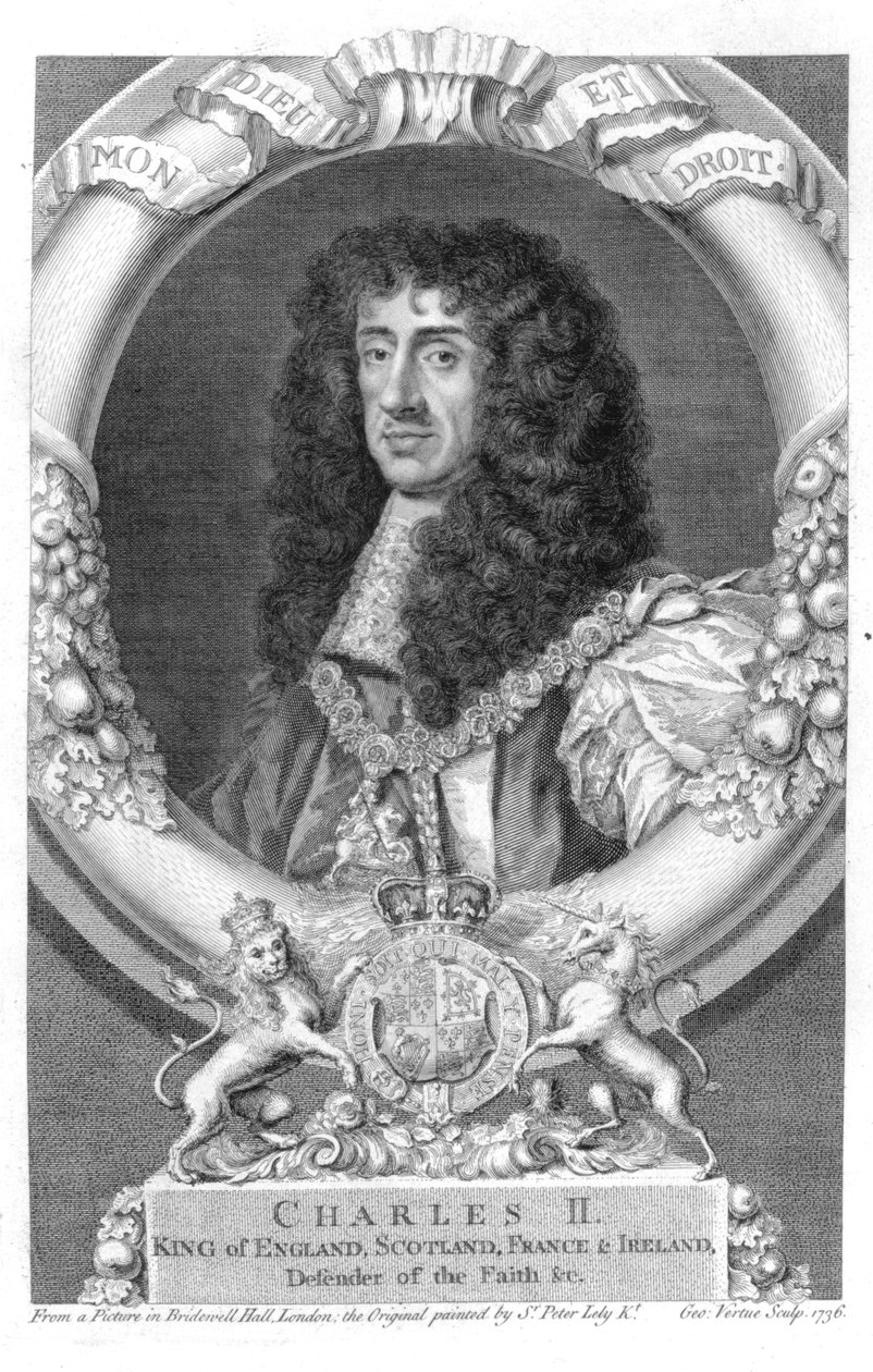 II. Károly (1630-85) Nagy-Britannia és Írország királya 1660-tól, metszet: George Vertue (1684-1756) 1736 alkotó: Peter Lely