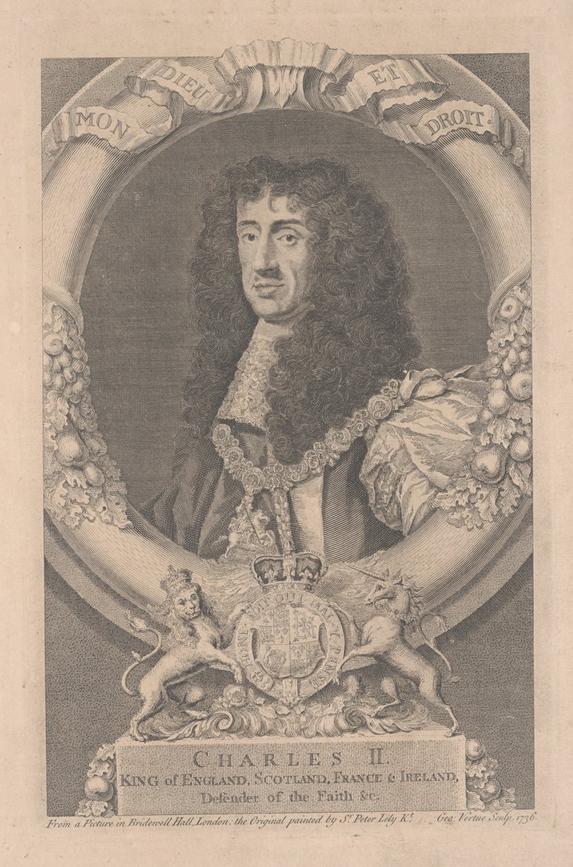 II. Károly, Anglia, Skócia, Franciaország és Írország királya, metszet: George Vertue (1684-1756) alkotó: Peter Lely