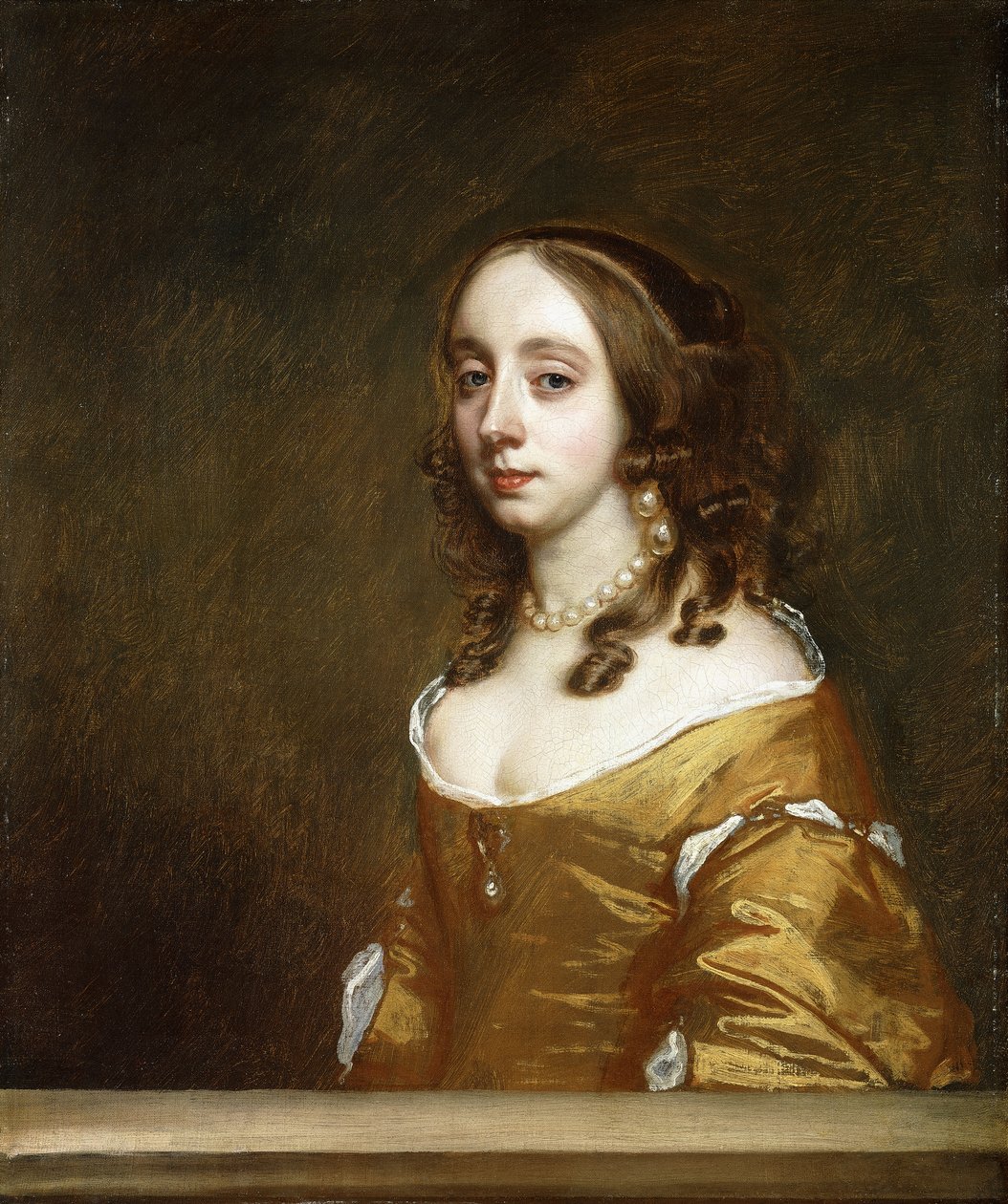 A Popham család hölgyének portréja, félalakos, szekrény mögött, narancssárga ruhát visel, alkotó: Peter Lely