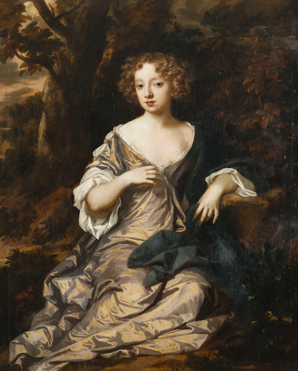 Hölgy portréja, teljes hosszában ülve, erdős tájon, lila selyemruhát visel, fehér ujjal és szegéllyel, alkotó: Peter Lely